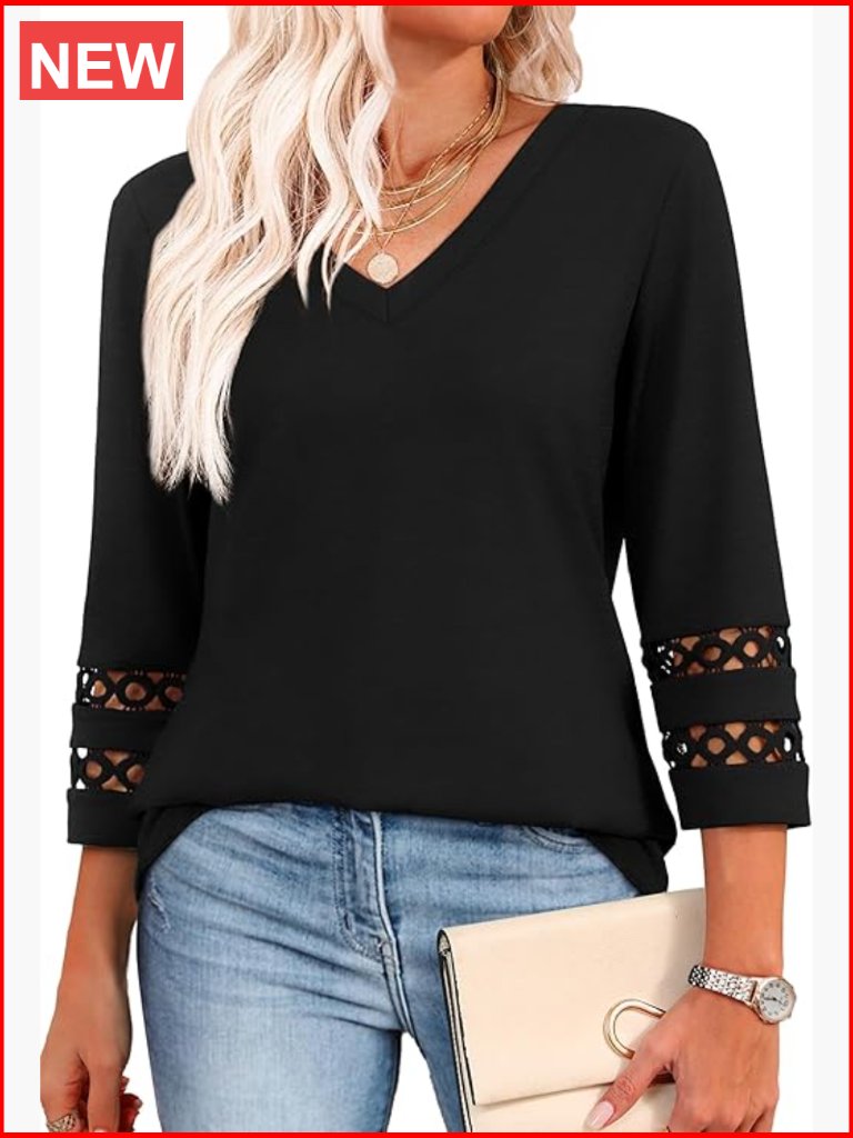 3/4 Sleeve V Neck Blouse Lace Detail Tunic Top Casual Work Shirt